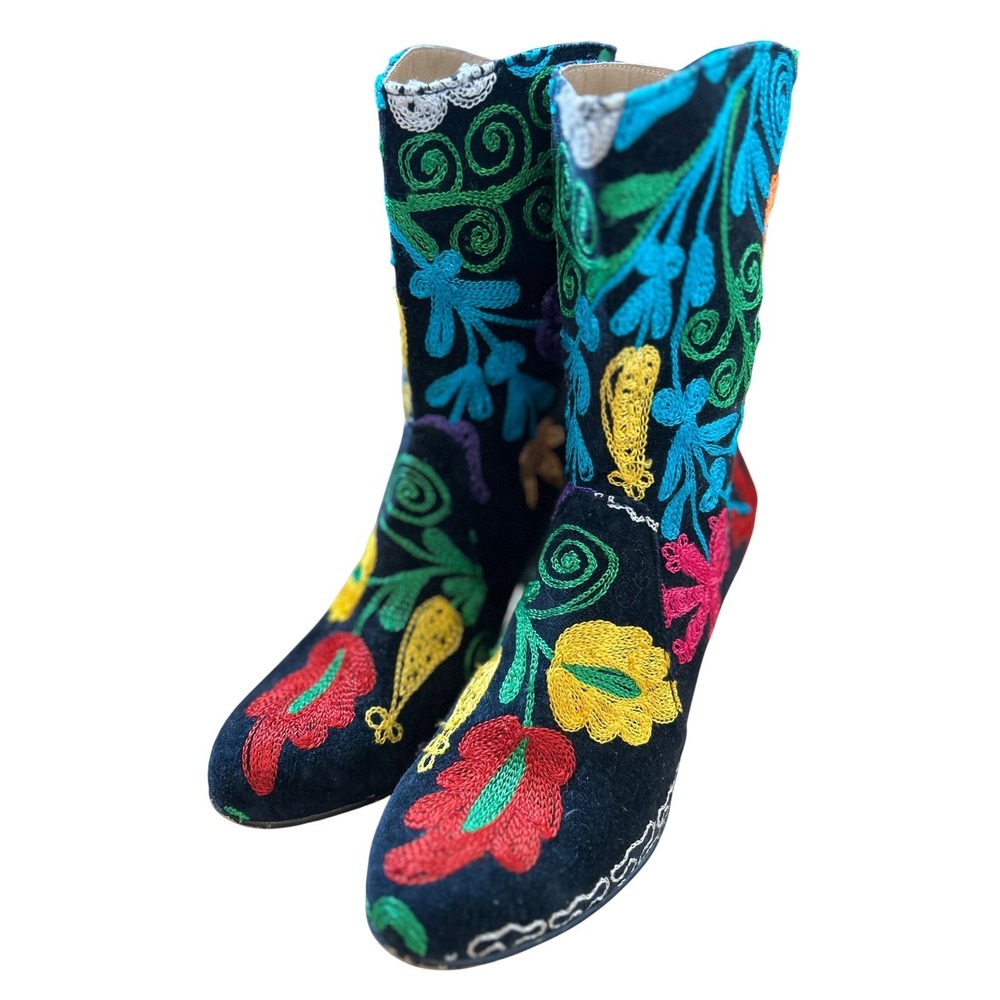 Suzani Embroidered Floral Velvet Block Heel Ankle Boots Women Size 39/US 9 - Picture 7 of 14